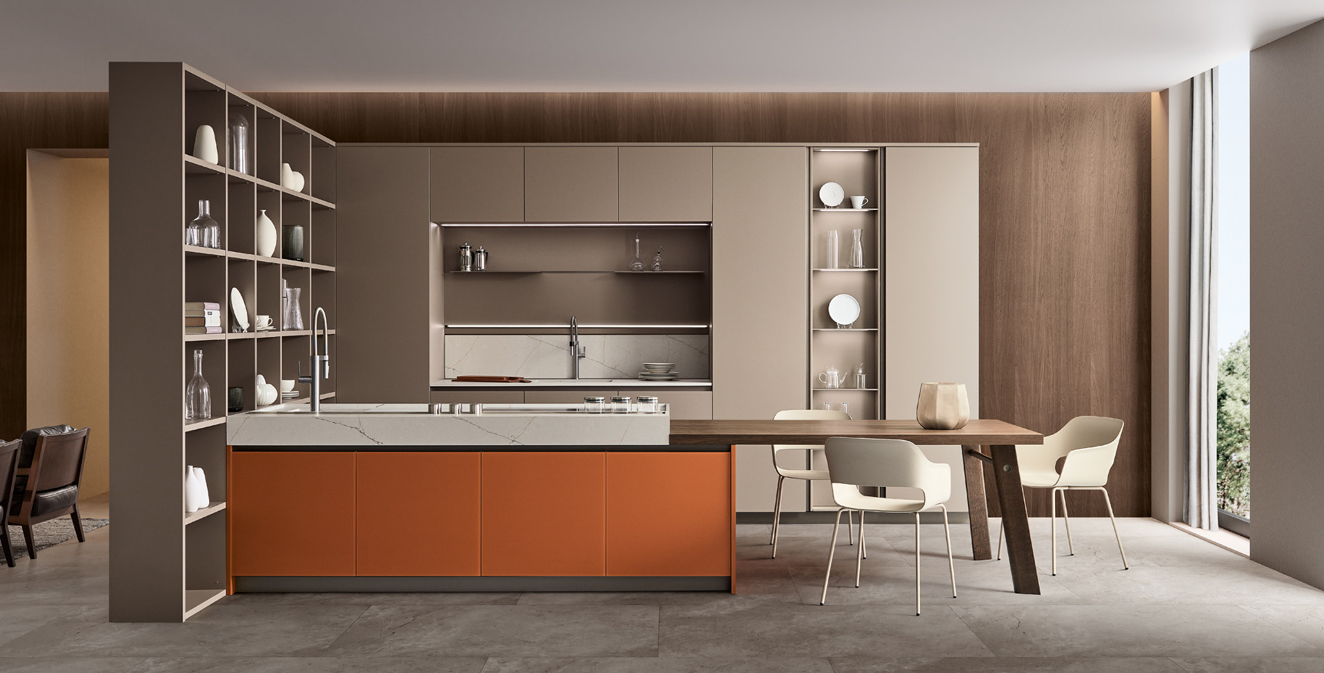 Lounge Shellsystem Vetro Opaco Arancio Brick A35 / Laccato Camoscio A12