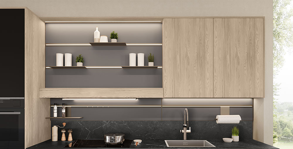 Grigio Scuro Soft 903 accessoriato con mensole e barre led