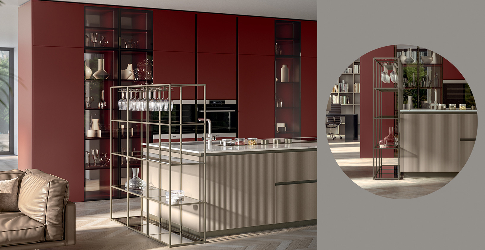 GRAVITY finitura in bronzo accessoriata con ripiani in Vetro e porta calici